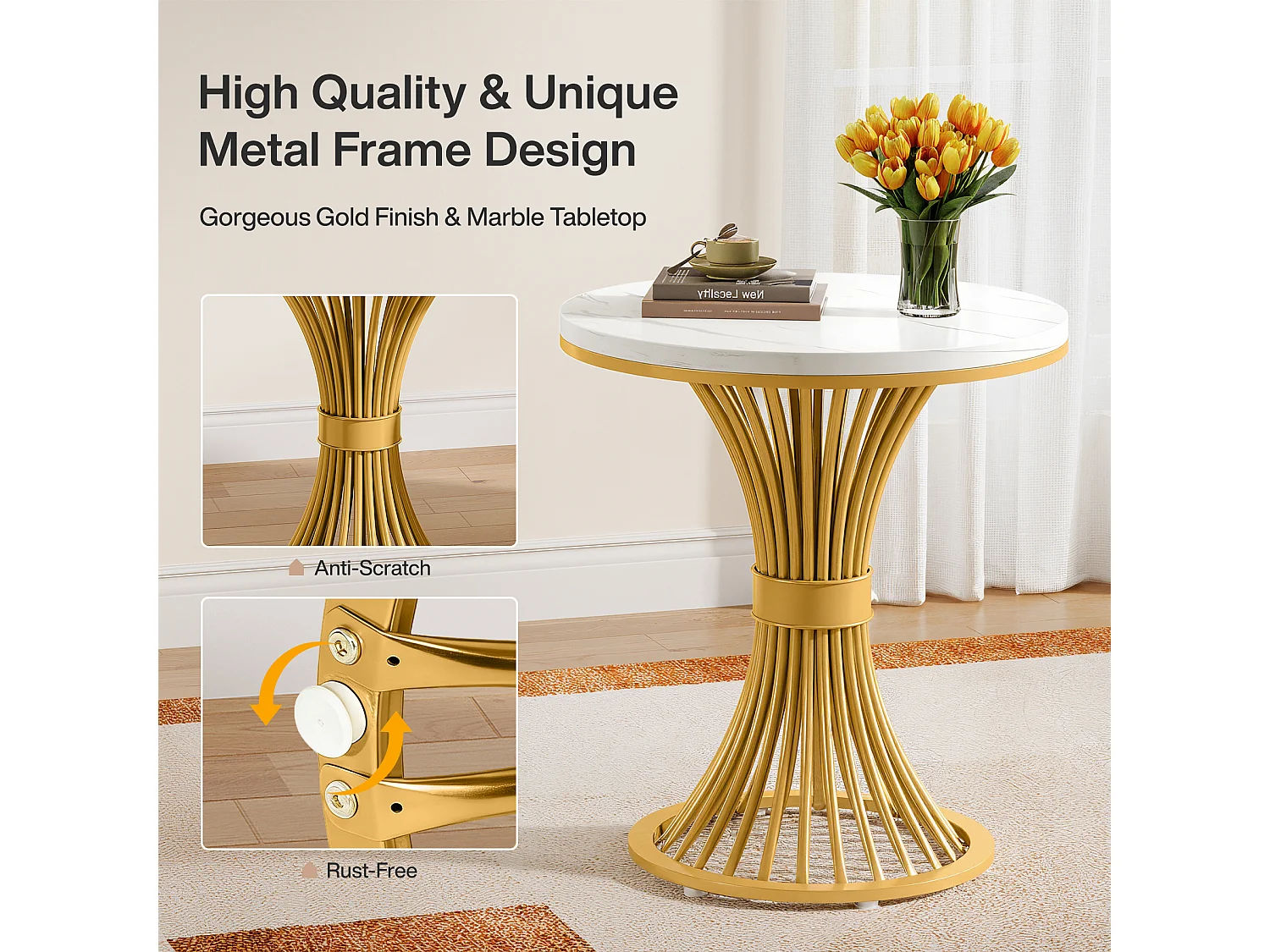 Mesa de centro redonda de 50 cm, mesa auxiliar moderna de imitación de mármol con base de metal dorado, MDF