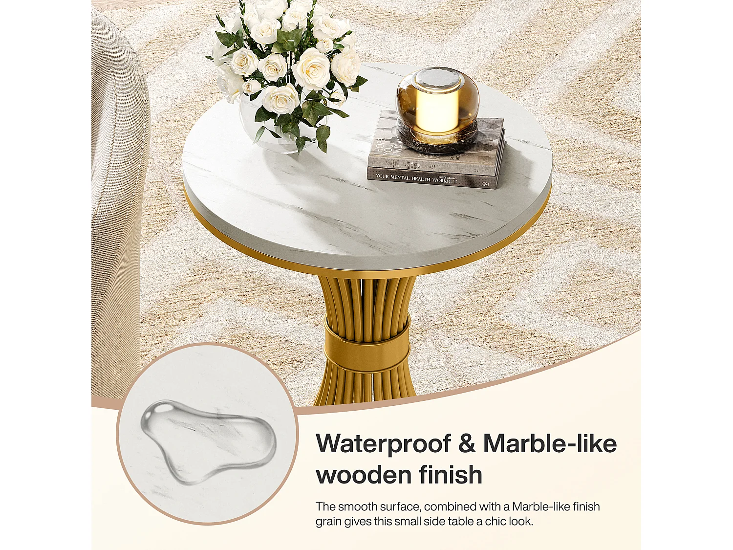 Mesa de centro redonda de 50 cm, mesa auxiliar moderna de imitación de mármol con base de metal dorado, MDF