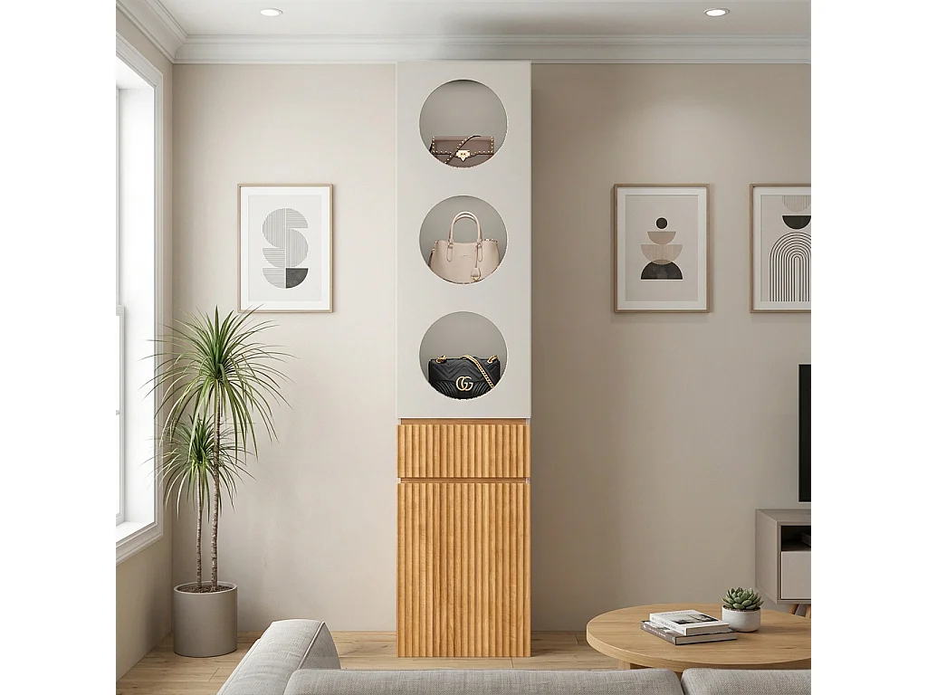 Colonne de rangement 2 portes avec 1 tiroir et 5 compartiments - MDF et panneaux de particules - 45 x 50 x 200 cm - chêne clair