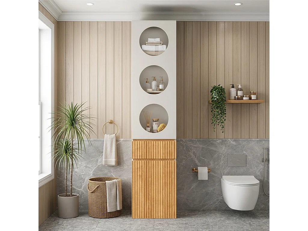 Colonne de rangement 2 portes avec 1 tiroir et 5 compartiments - MDF et panneaux de particules - 45 x 50 x 200 cm - chêne clair