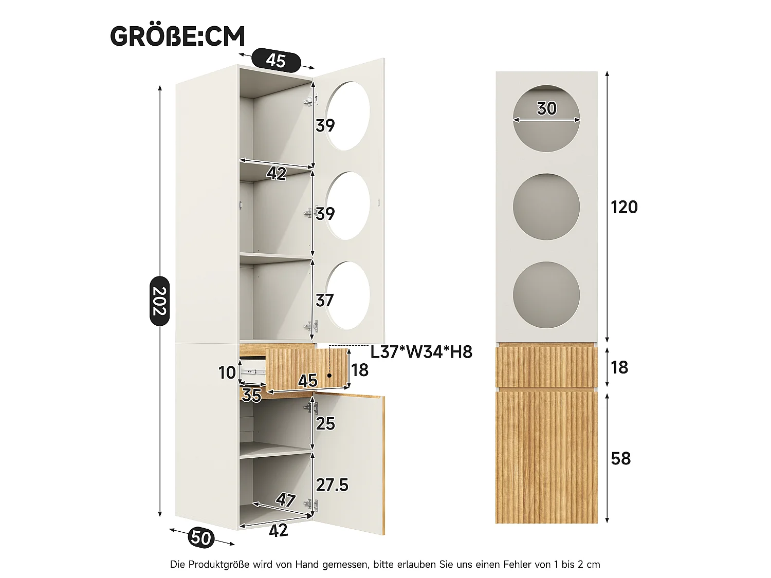 Colonne de rangement 2 portes avec 1 tiroir et 5 compartiments - MDF et panneaux de particules - 45 x 50 x 200 cm - chêne clair