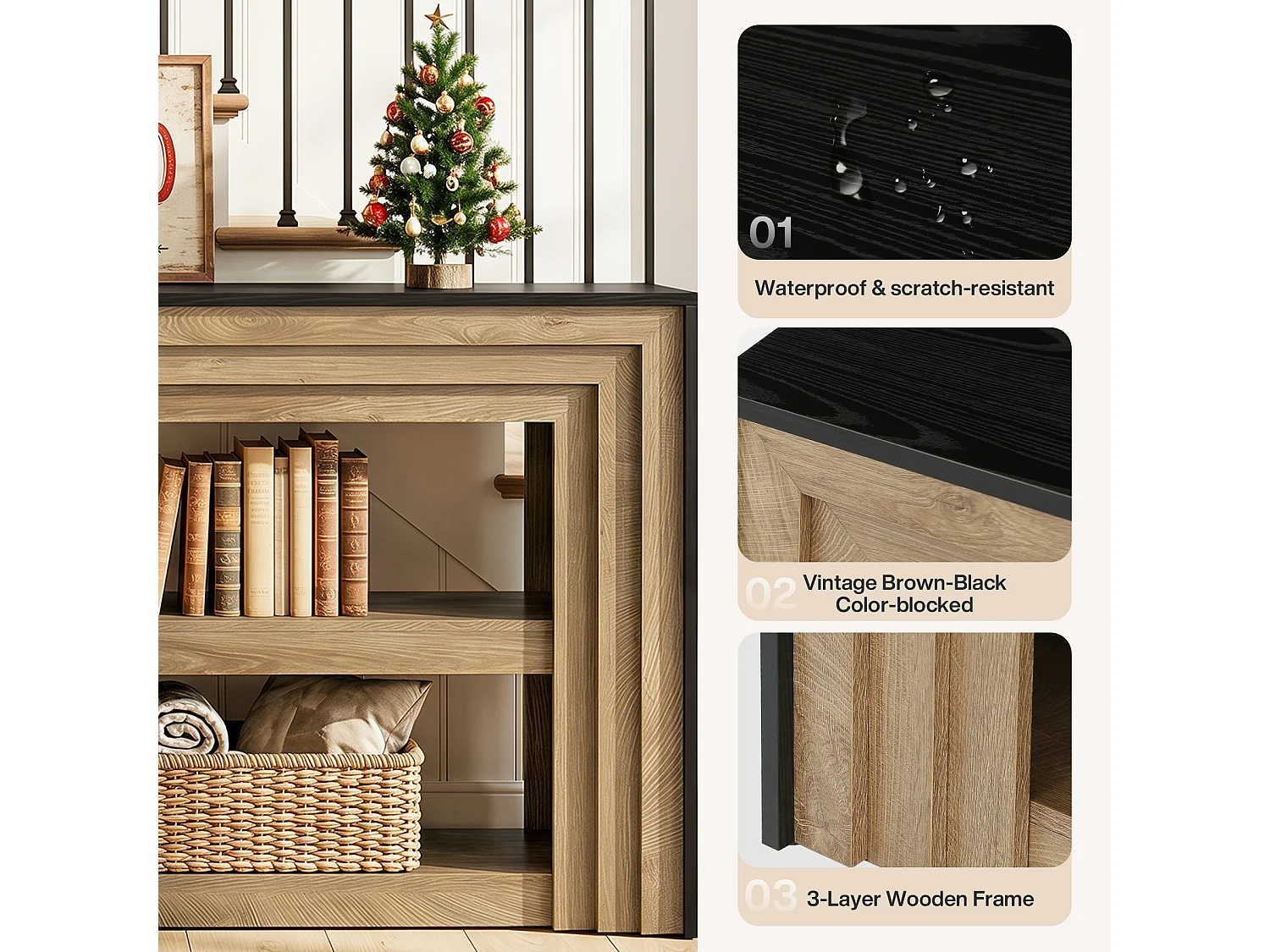 1,6 m lange Konsolentisch, 3-stöckiger Flurtisch im Landhausstil mit Stauraum, schmaler Holz-Sofatisch