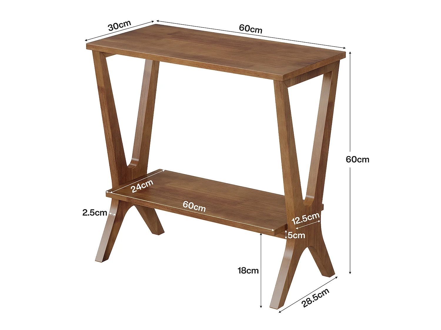 Mesa auxiliar de madera maciza para sala de estar, mesa lateral para sofá con estantes de almacenamiento de 2 niveles