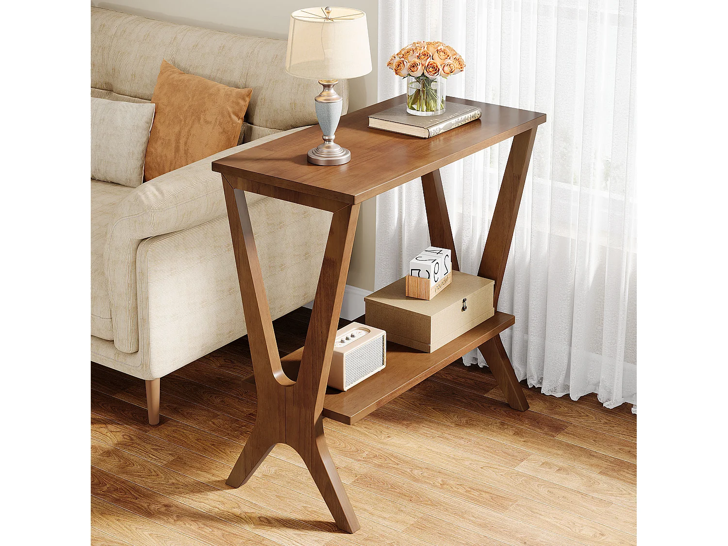 Mesa auxiliar de madera maciza para sala de estar, mesa lateral para sofá con estantes de almacenamiento de 2 niveles