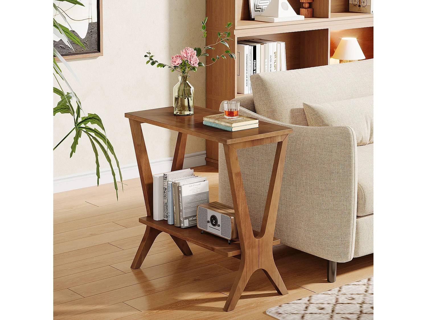 Mesa auxiliar de madera maciza para sala de estar, mesa lateral para sofá con estantes de almacenamiento de 2 niveles