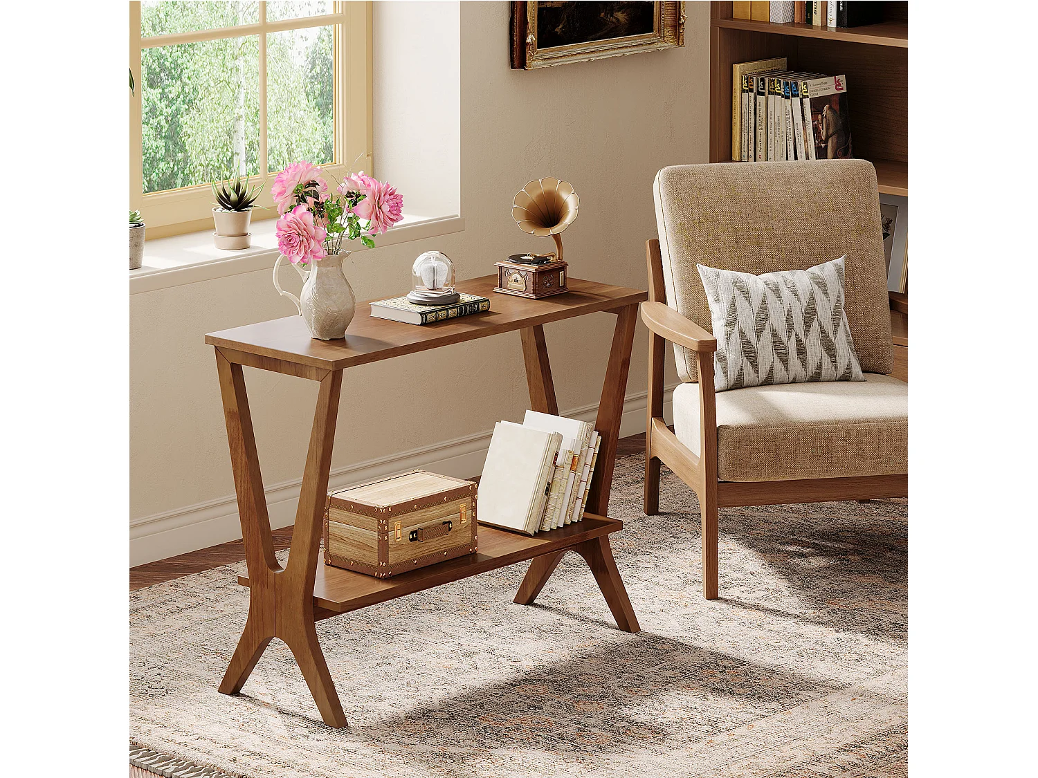Mesa auxiliar de madera maciza para sala de estar, mesa lateral para sofá con estantes de almacenamiento de 2 niveles