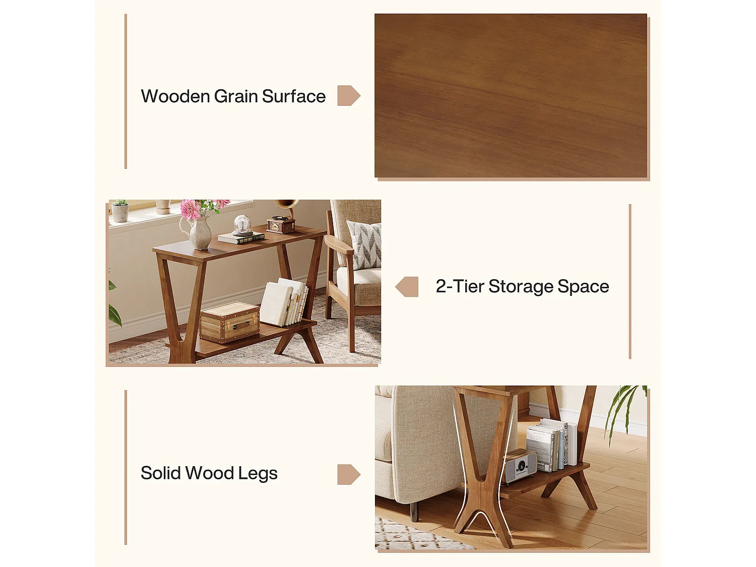 Mesa auxiliar de madera maciza para sala de estar, mesa lateral para sofá con estantes de almacenamiento de 2 niveles