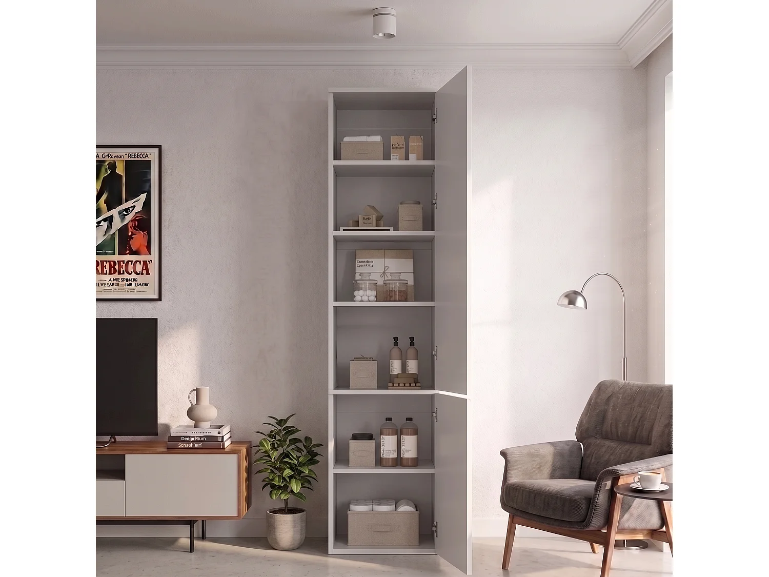 Högskåp med 2 gångjärnsförsedda dörrar, 6 fack - MDF - 47 x 50 x 200 cm - vit