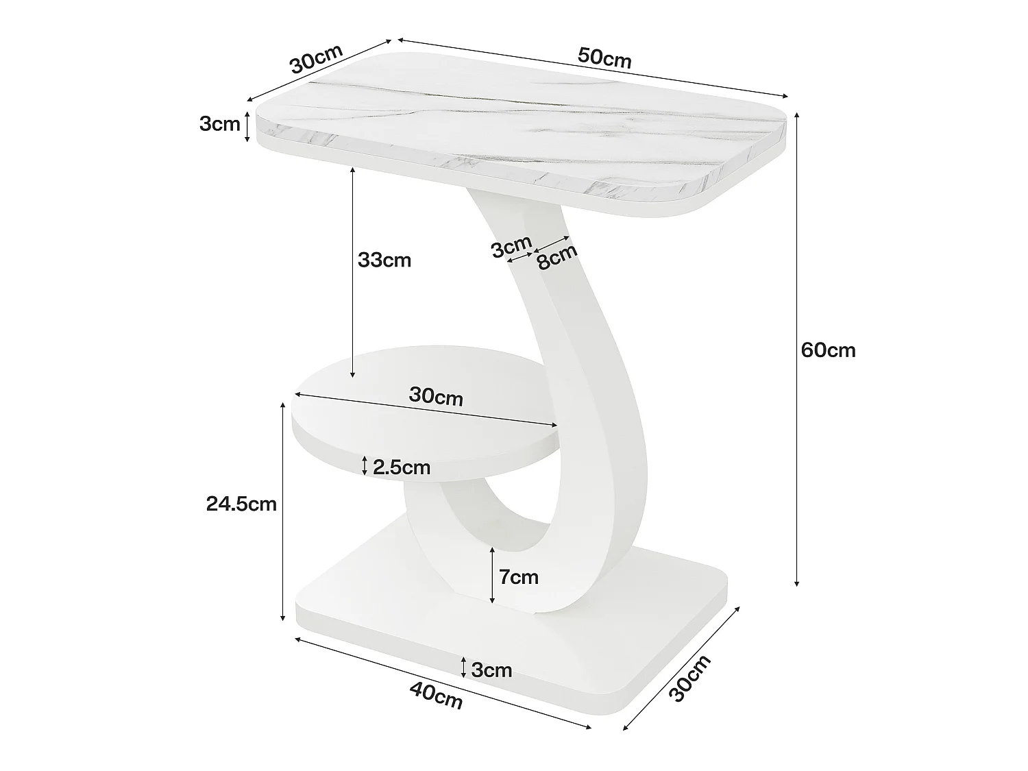 Mesa lateral en forma de C, mesa lateral moderna para sofá con estantes de almacenamiento de dos niveles
