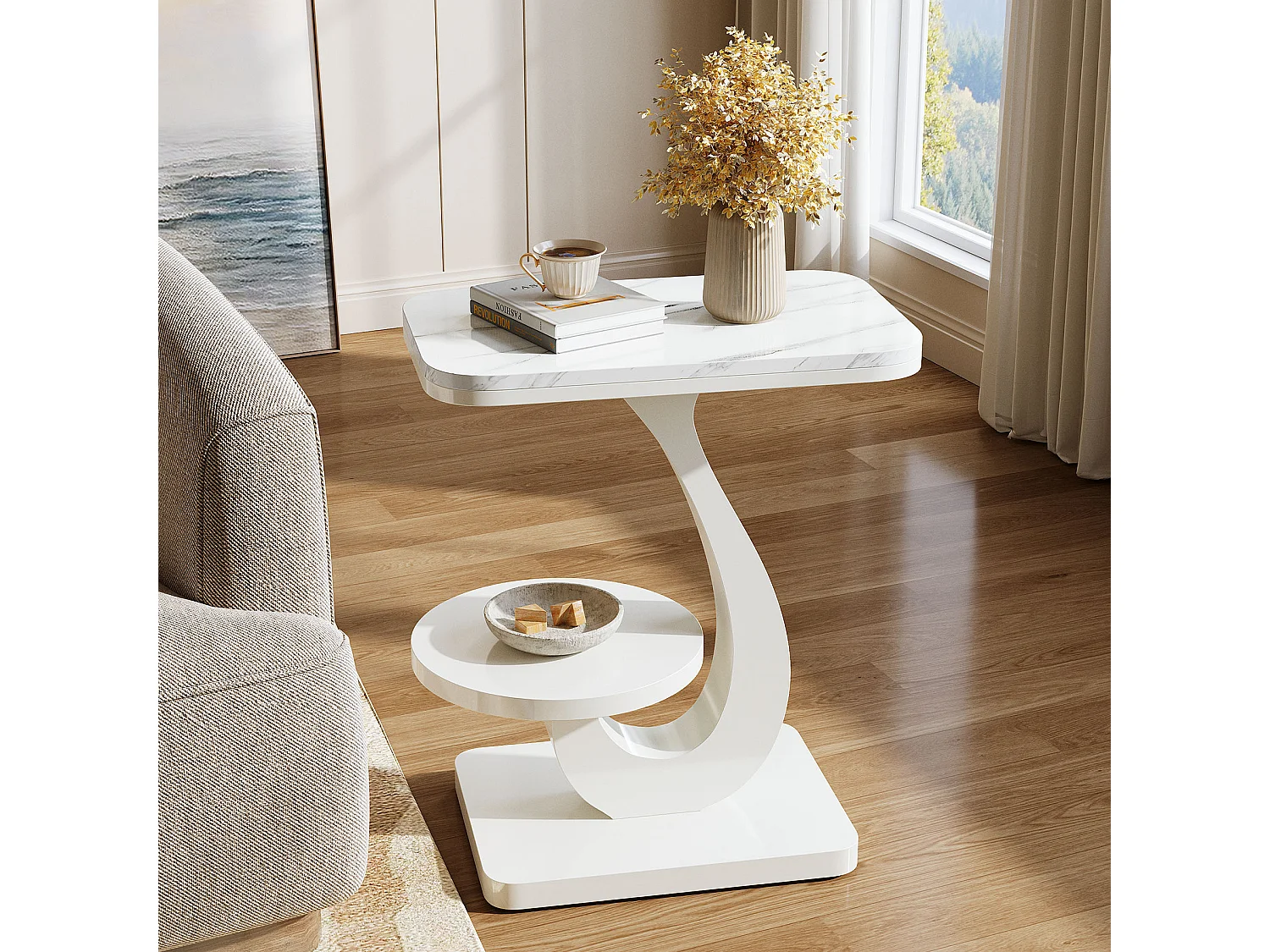 Mesa lateral en forma de C, mesa lateral moderna para sofá con estantes de almacenamiento de dos niveles