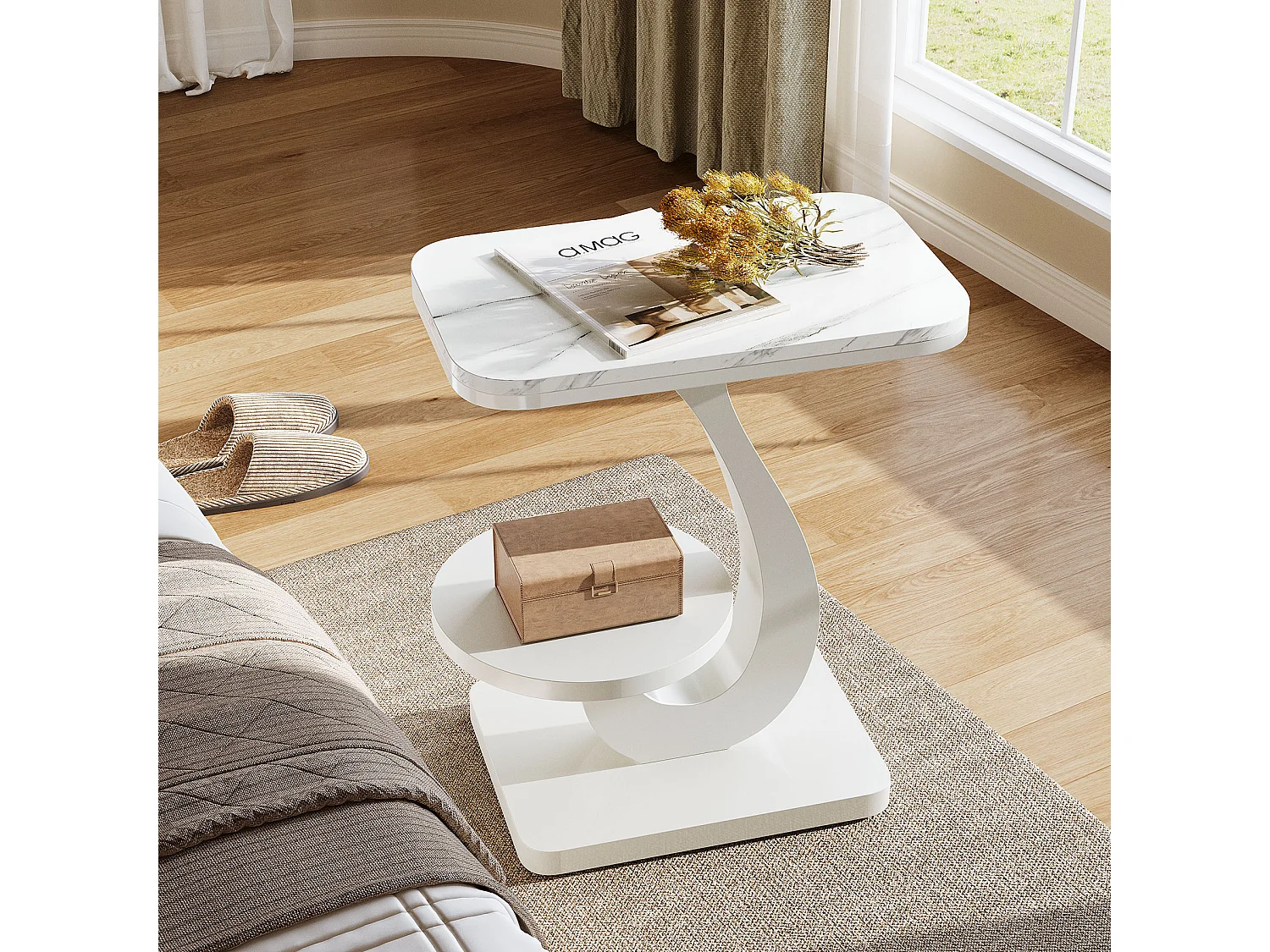 Mesa lateral en forma de C, mesa lateral moderna para sofá con estantes de almacenamiento de dos niveles