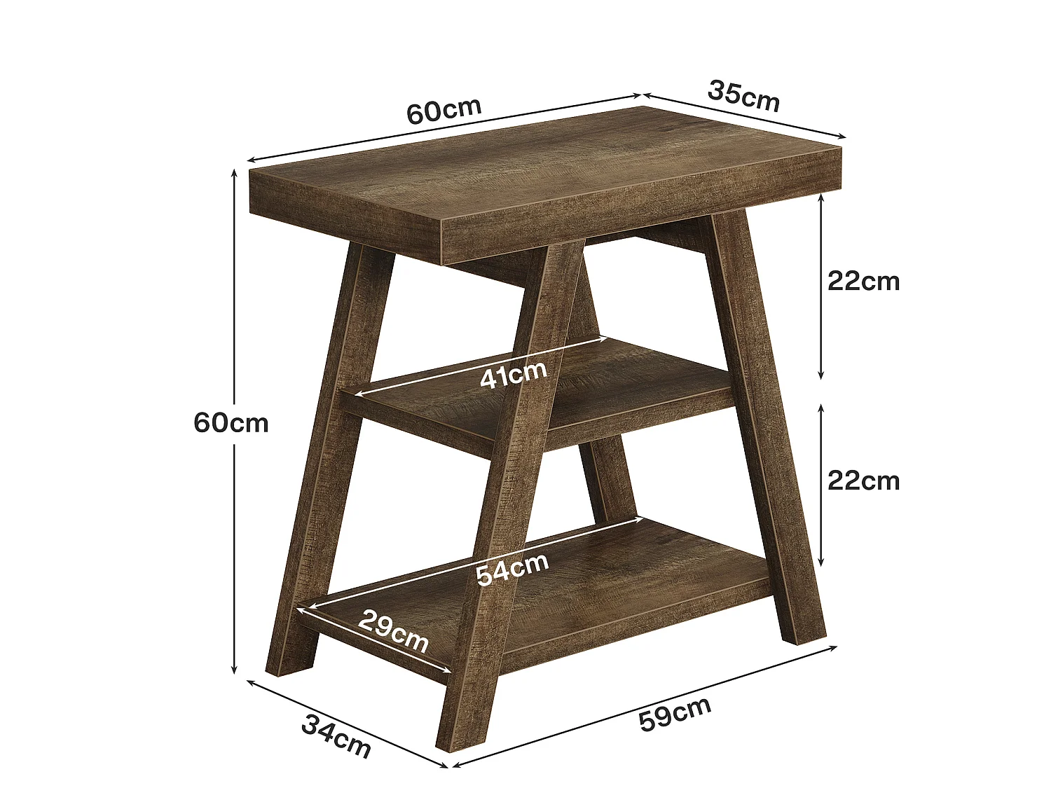 Mesa auxiliar de estilo rústico, mesa lateral para sofá de 3 niveles con patas trapezoidales