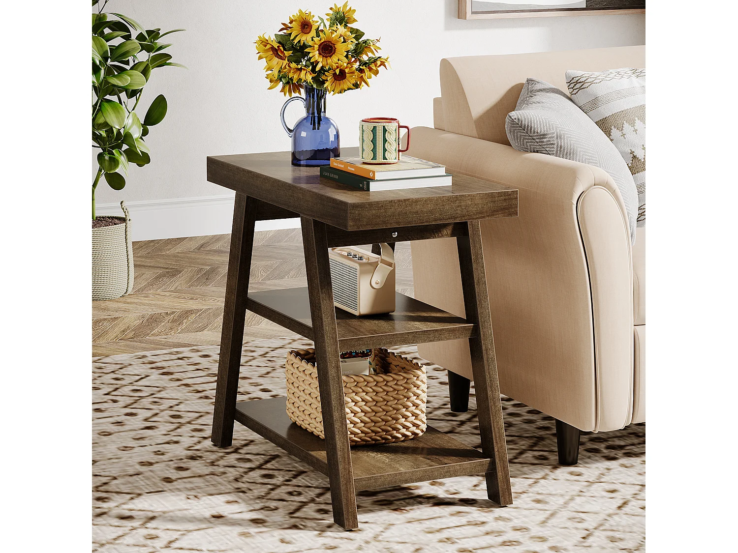 Mesa auxiliar de estilo rústico, mesa lateral para sofá de 3 niveles con patas trapezoidales