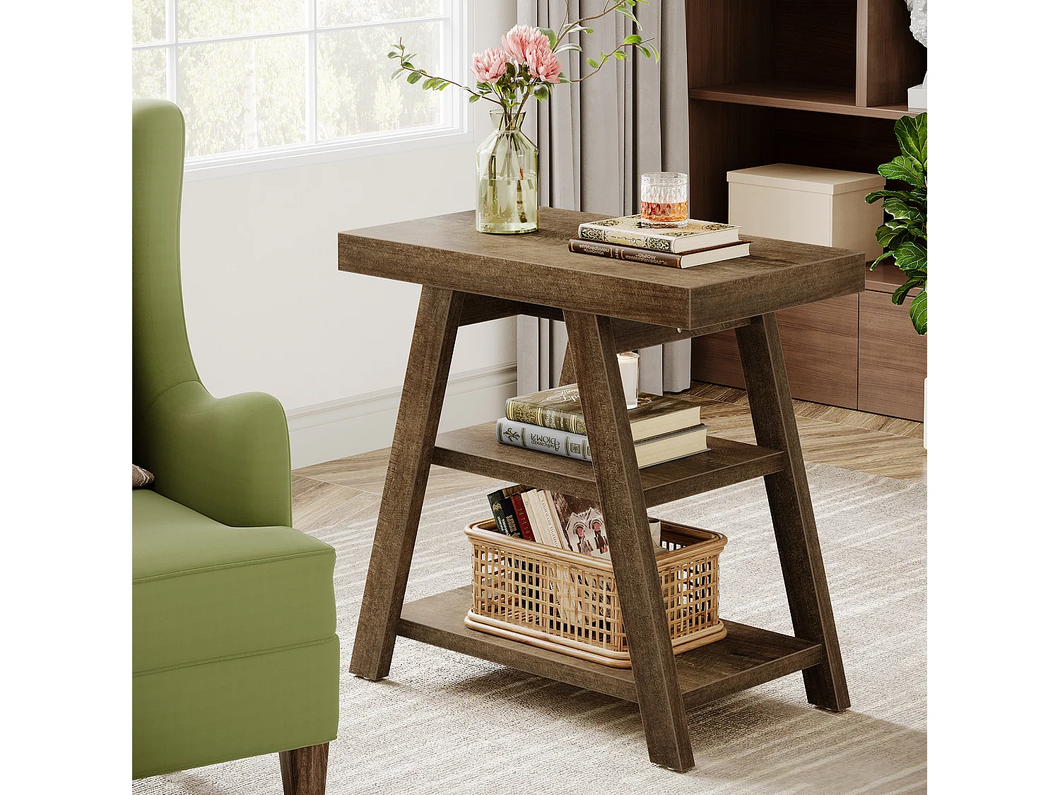 Mesa auxiliar de estilo rústico, mesa lateral para sofá de 3 niveles con patas trapezoidales