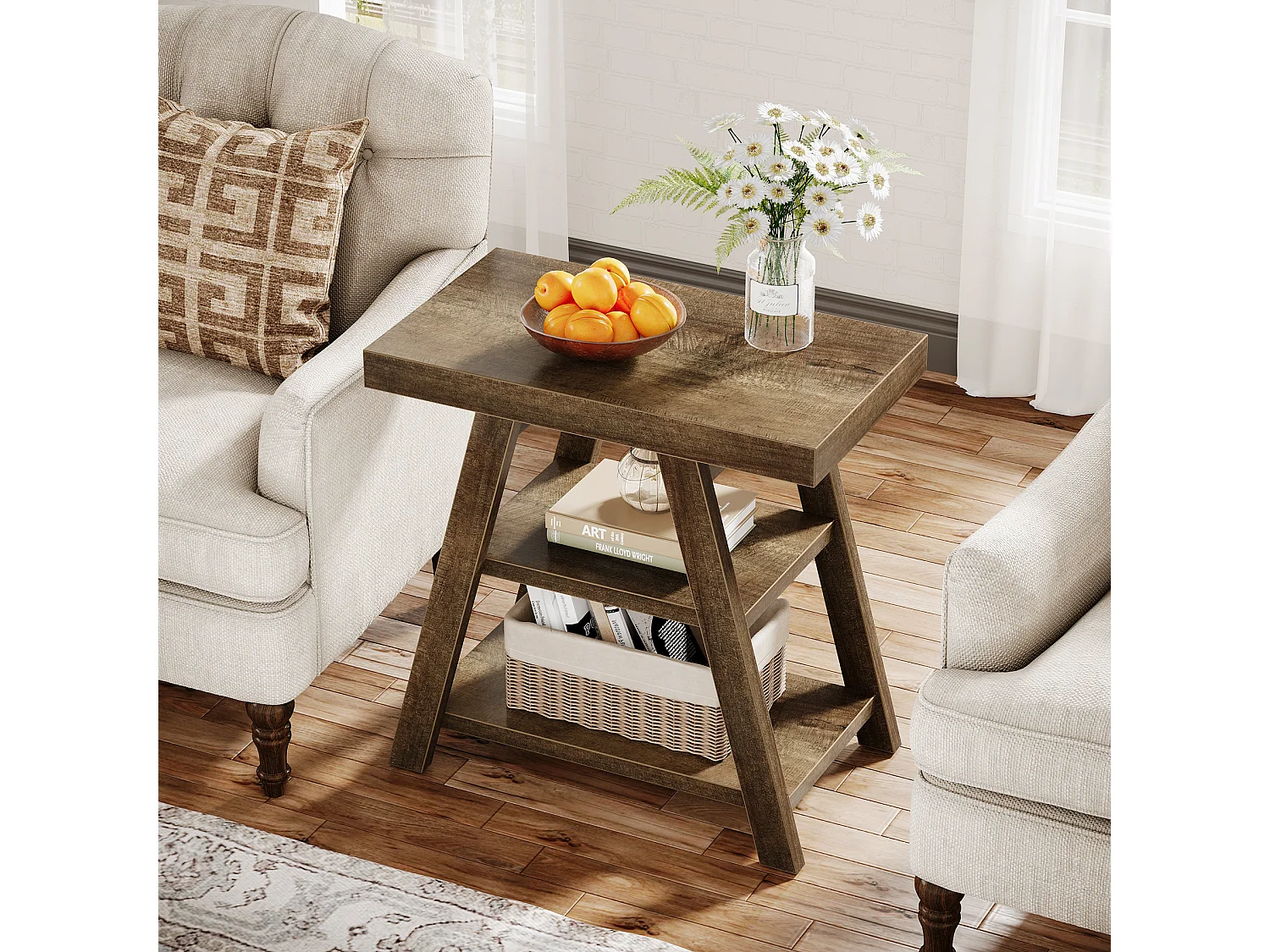 Mesa auxiliar de estilo rústico, mesa lateral para sofá de 3 niveles con patas trapezoidales