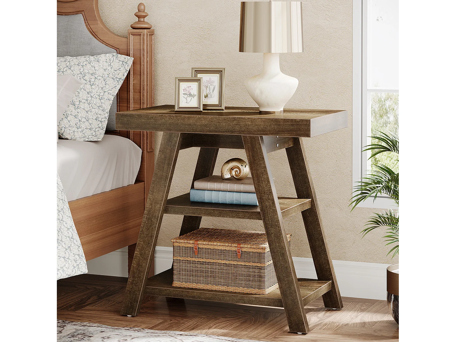 Mesa auxiliar de estilo rústico, mesa lateral para sofá de 3 niveles con patas trapezoidales