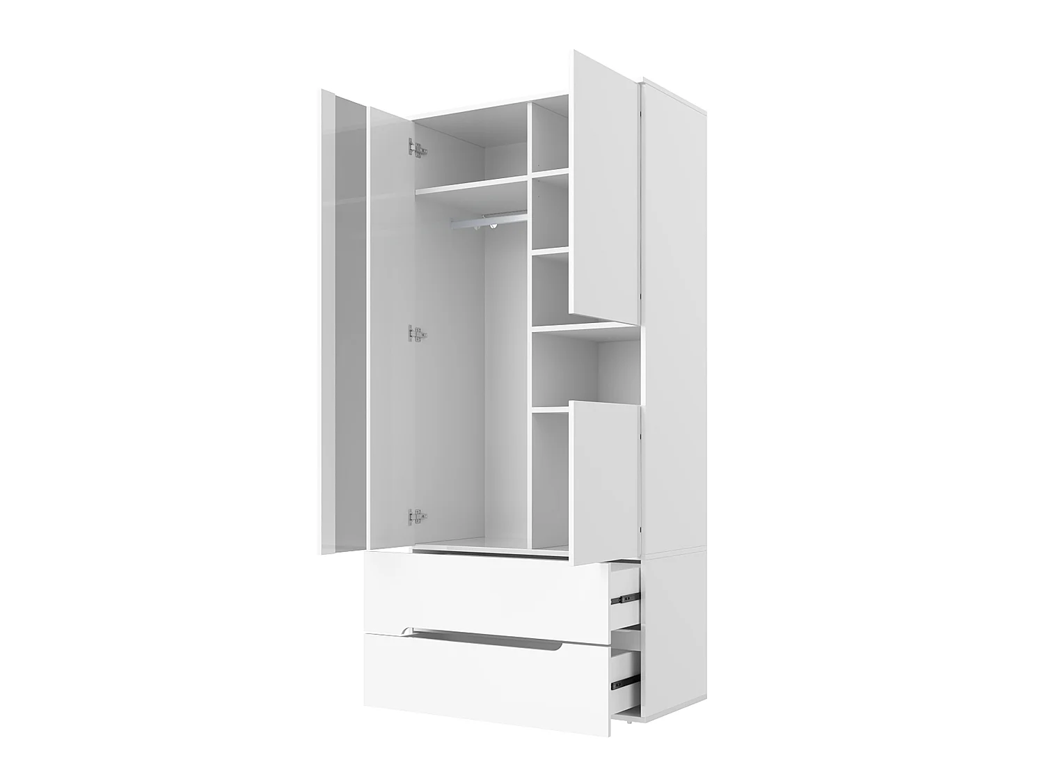Dreitüriger Kleiderschrank mit LED-Beleuchtung, Kleiderstange, 2 Schubladen und 6 Fächern – MDF und Glas – 90 x 50 x 200 cm – Weiß