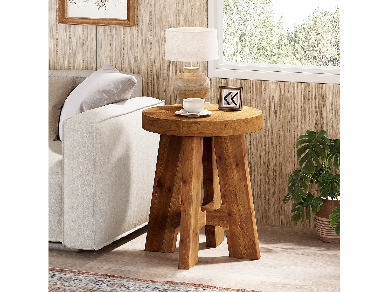 Mesa auxiliar redonda, mesa de noche de madera maciza de estilo rústico para sofá, mesa de noche pequeña para dormitorio y sala de estar