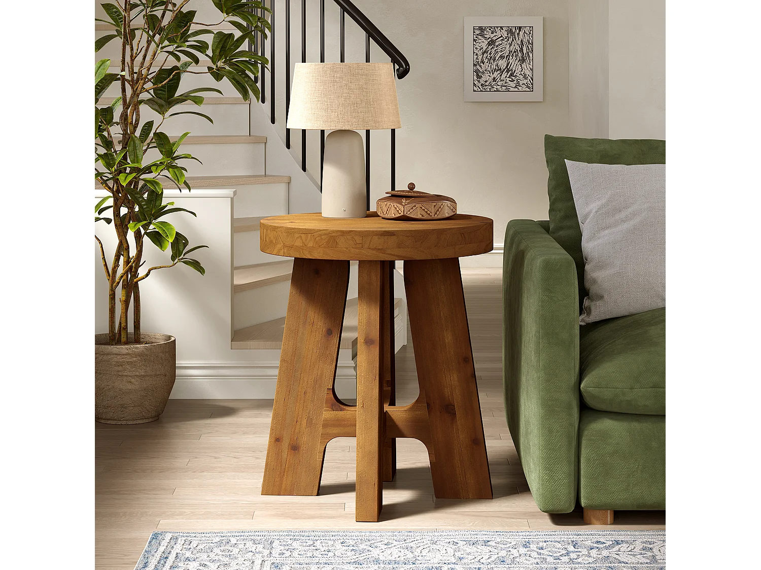 Mesa auxiliar redonda, mesa de noche de madera maciza de estilo rústico para sofá, mesa de noche pequeña para dormitorio y sala de estar