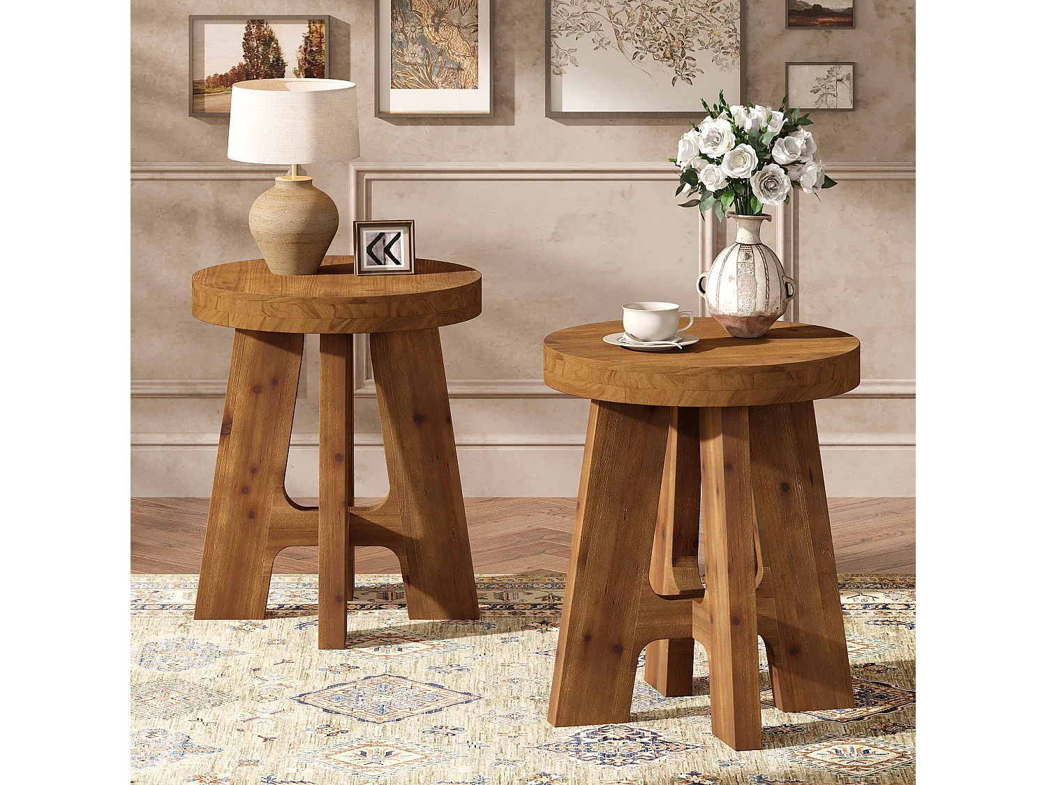 Mesa auxiliar redonda, mesa de noche de madera maciza de estilo rústico para sofá, mesa de noche pequeña para dormitorio y sala de estar