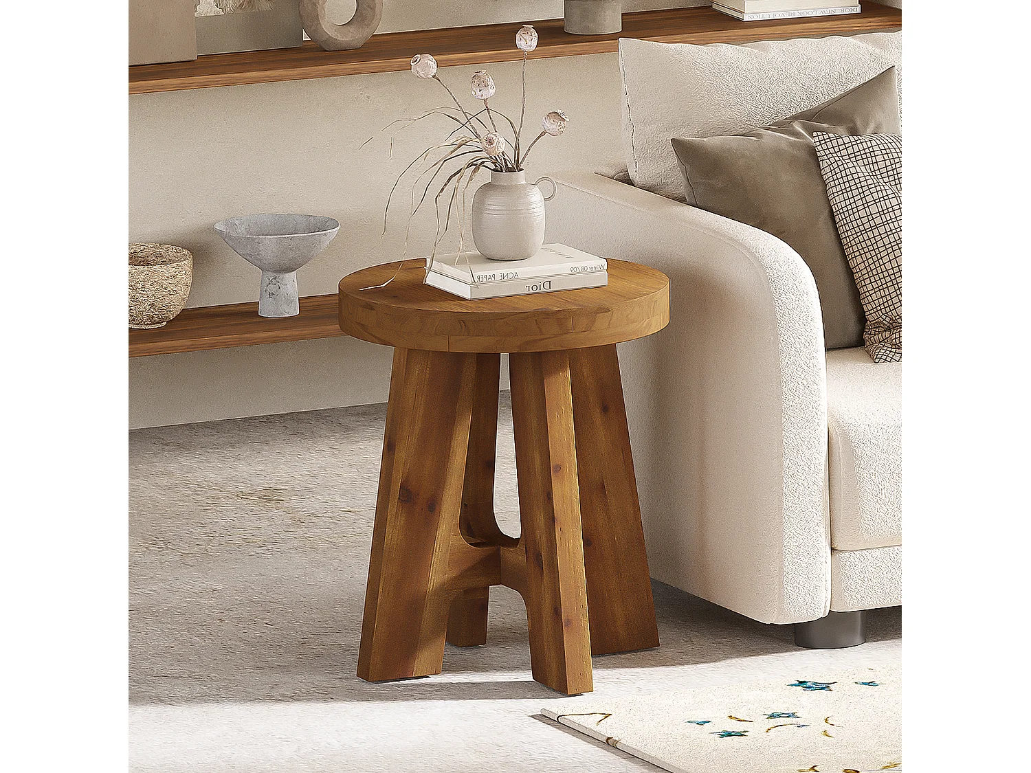 Mesa auxiliar redonda, mesa de noche de madera maciza de estilo rústico para sofá, mesa de noche pequeña para dormitorio y sala de estar