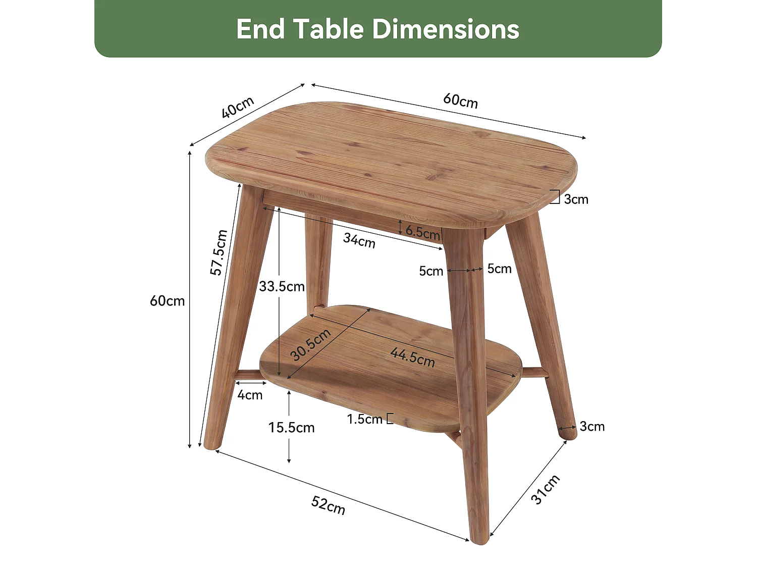 Mesa auxiliar de madera maciza con estantes de almacenamiento, mesa lateral de estilo rústico para sala de estar, mesa de noche de madera para dormitorio
