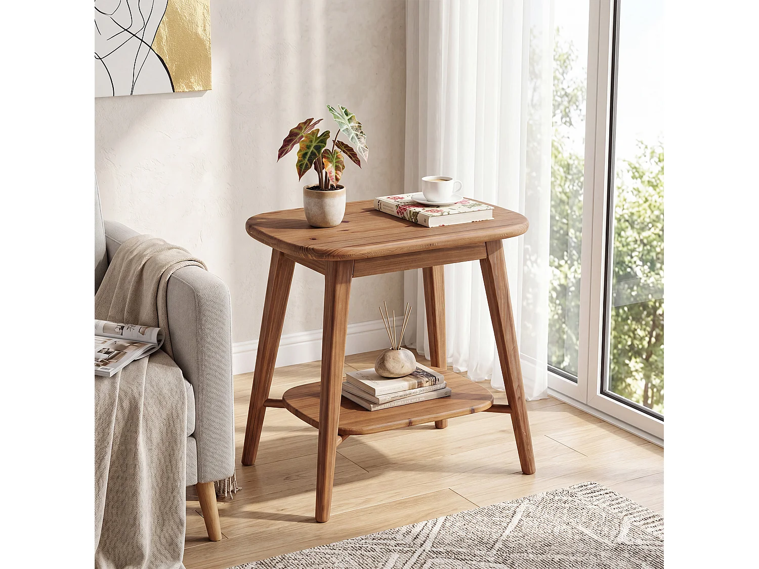 Mesa auxiliar de madera maciza con estantes de almacenamiento, mesa lateral de estilo rústico para sala de estar, mesa de noche de madera para dormitorio