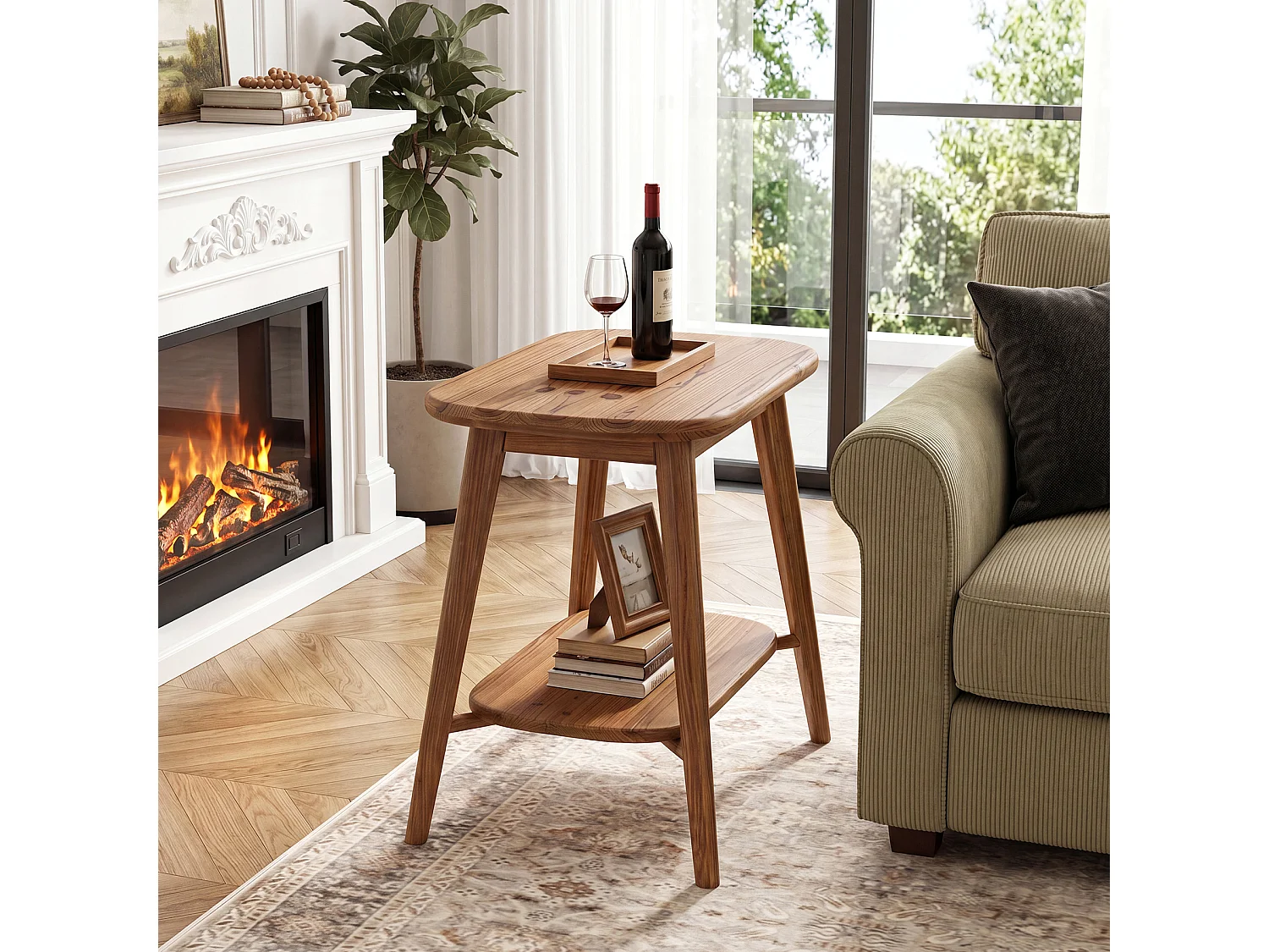 Mesa auxiliar de madera maciza con estantes de almacenamiento, mesa lateral de estilo rústico para sala de estar, mesa de noche de madera para dormitorio