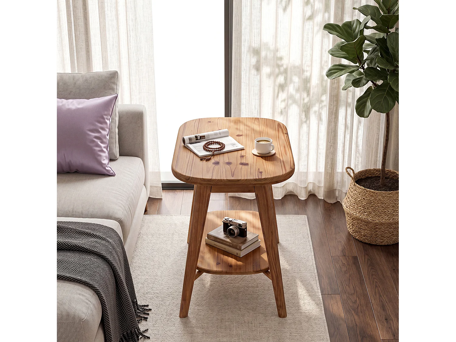Mesa auxiliar de madera maciza con estantes de almacenamiento, mesa lateral de estilo rústico para sala de estar, mesa de noche de madera para dormitorio