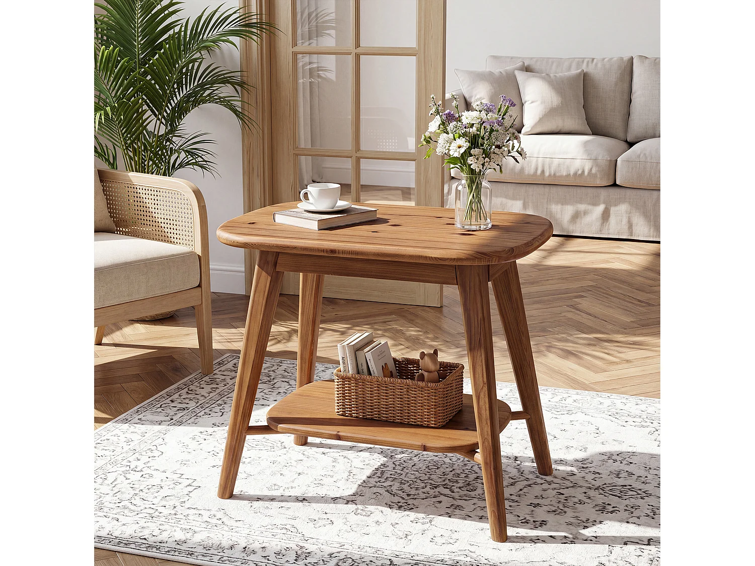 Mesa auxiliar de madera maciza con estantes de almacenamiento, mesa lateral de estilo rústico para sala de estar, mesa de noche de madera para dormitorio