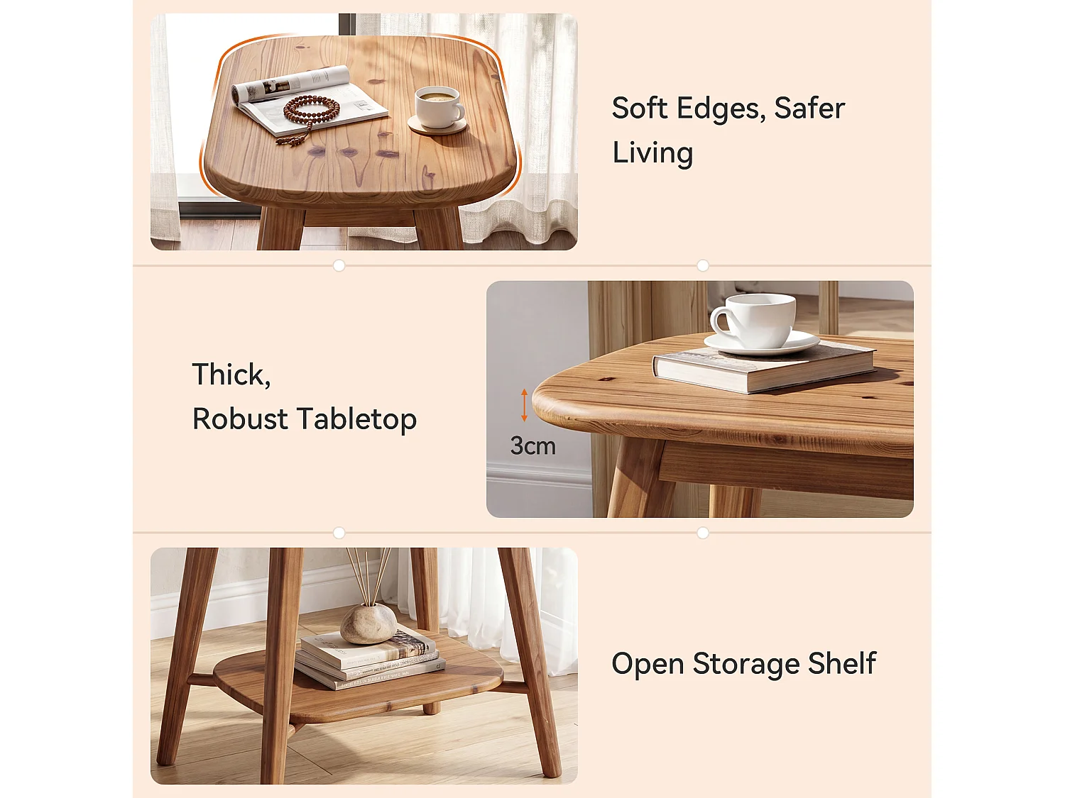 Mesa auxiliar de madera maciza con estantes de almacenamiento, mesa lateral de estilo rústico para sala de estar, mesa de noche de madera para dormitorio