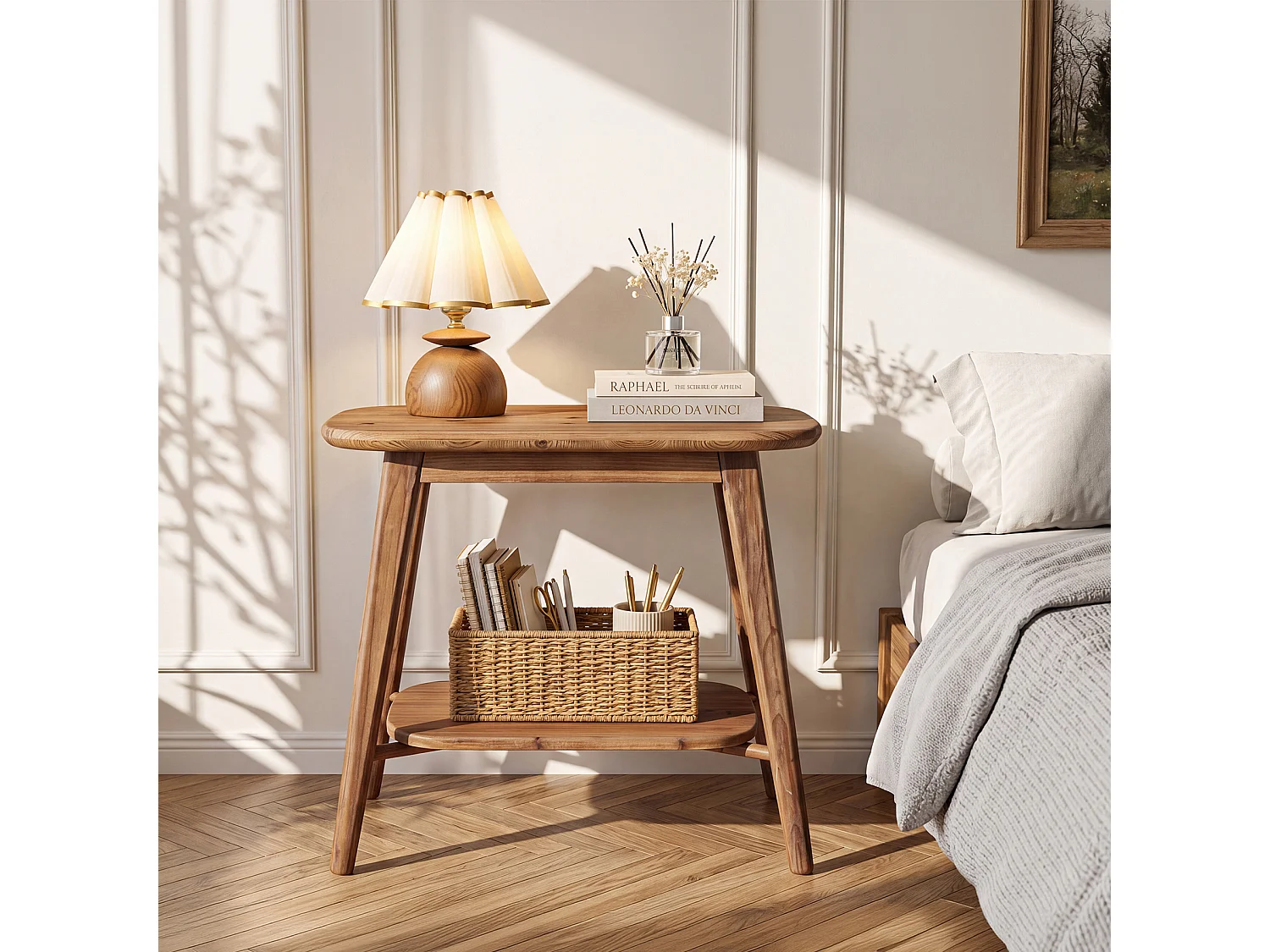 Mesa auxiliar de madera maciza con estantes de almacenamiento, mesa lateral de estilo rústico para sala de estar, mesa de noche de madera para dormitorio