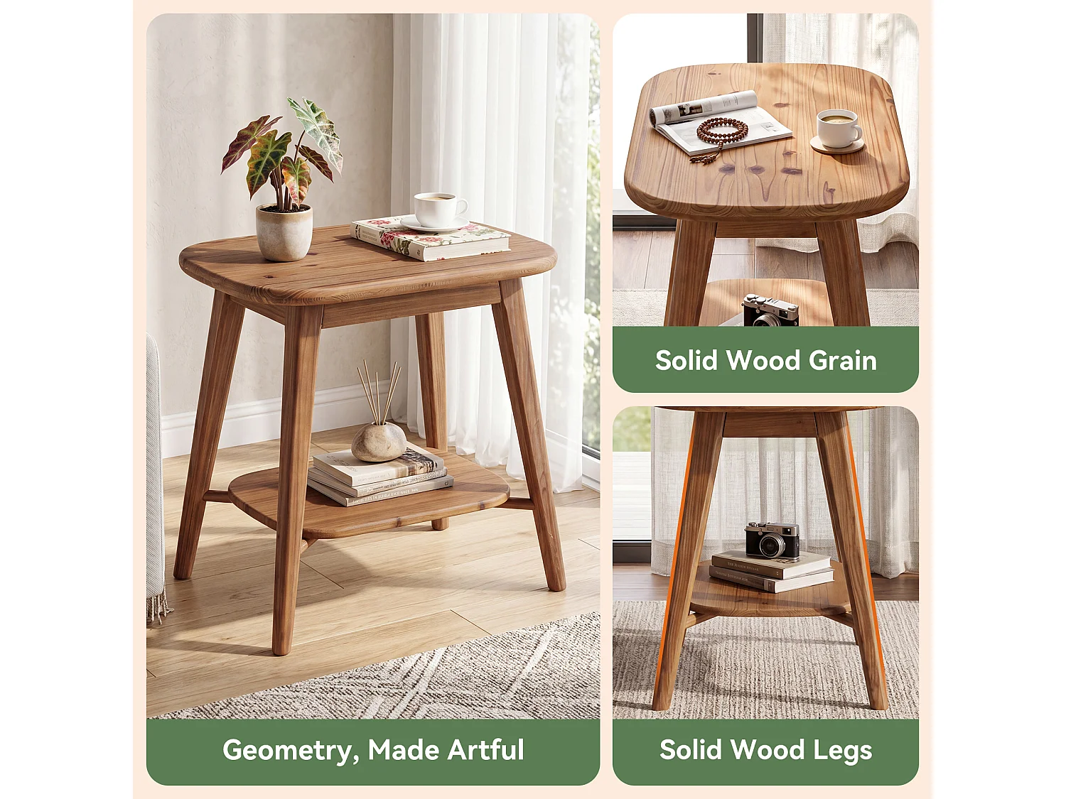 Mesa auxiliar de madera maciza con estantes de almacenamiento, mesa lateral de estilo rústico para sala de estar, mesa de noche de madera para dormitorio