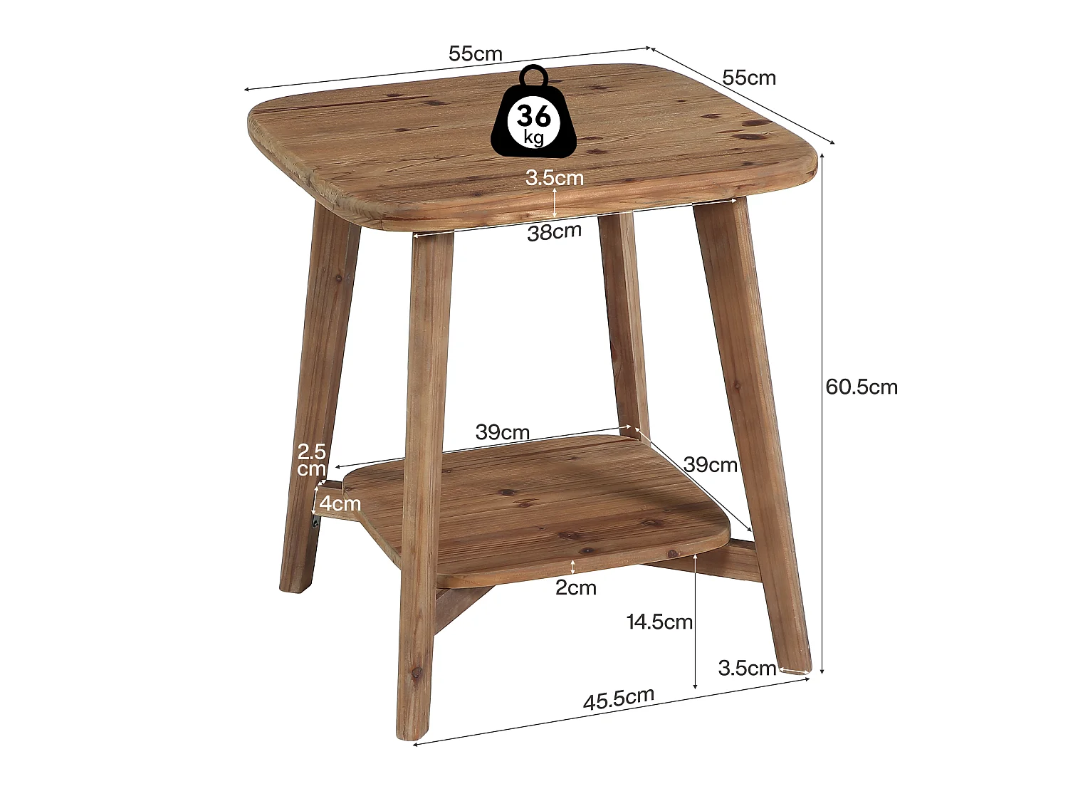Mesa auxiliar de madera maciza con esquinas redondeadas y almacenamiento, de 2 niveles (1 unidad, color marrón)