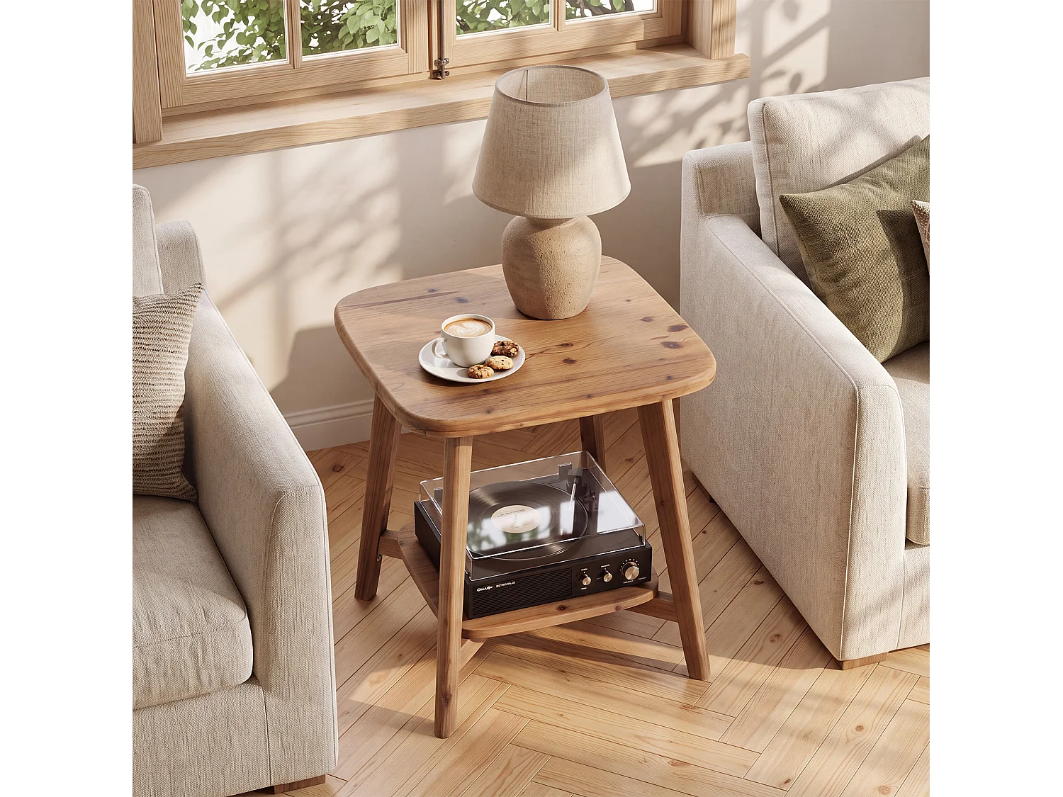 Mesa auxiliar de madera maciza con esquinas redondeadas y almacenamiento, de 2 niveles (1 unidad, color marrón)
