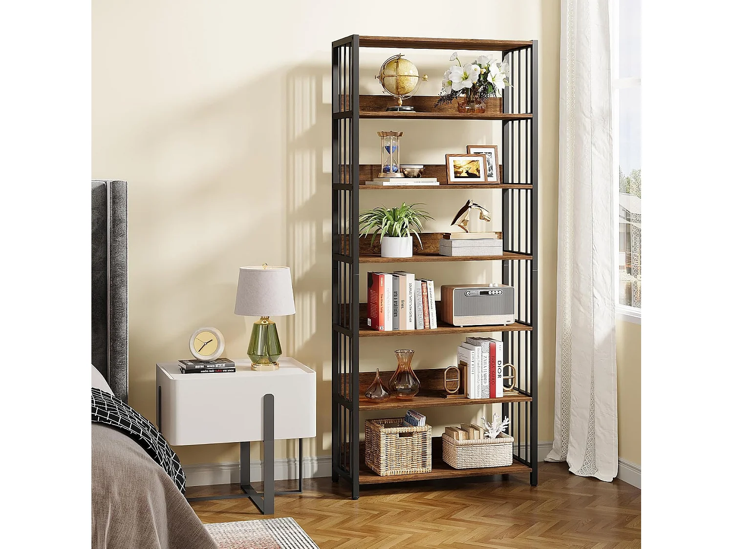 Bokhylla med 6 våningar, öppen hylla och metallram, 80 × 30 × 190 cm, högtstående hyllplan