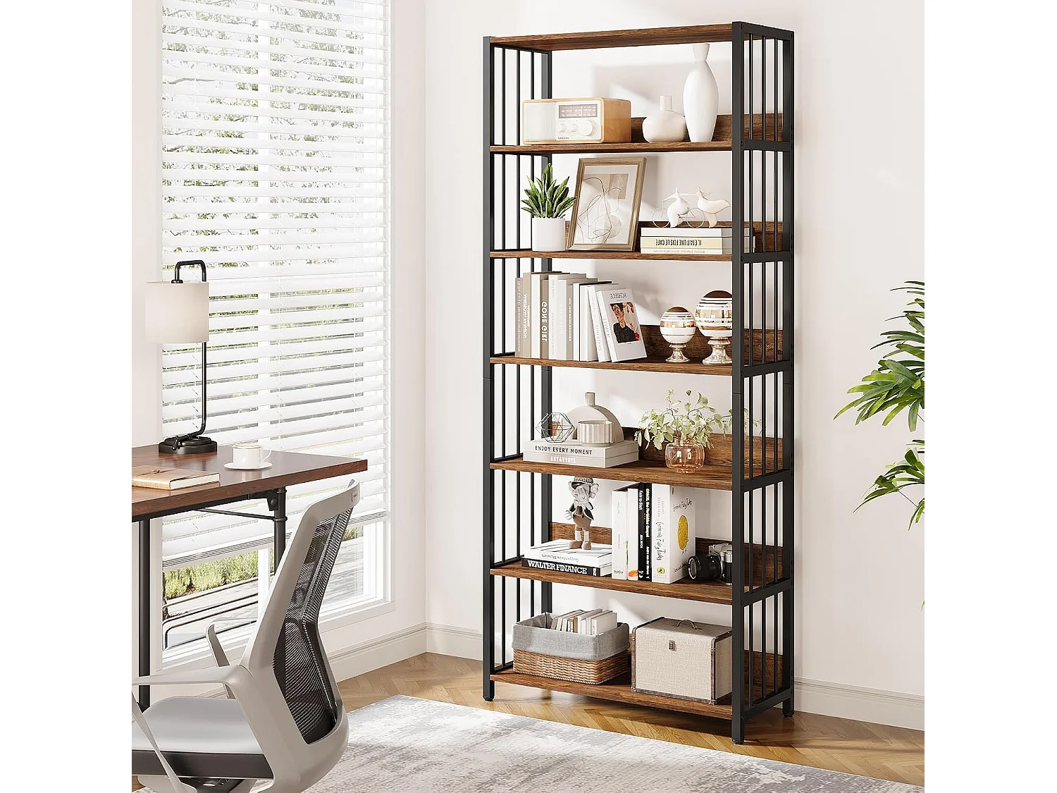 Bokhylla med 6 våningar, öppen hylla och metallram, 80 × 30 × 190 cm, högtstående hyllplan