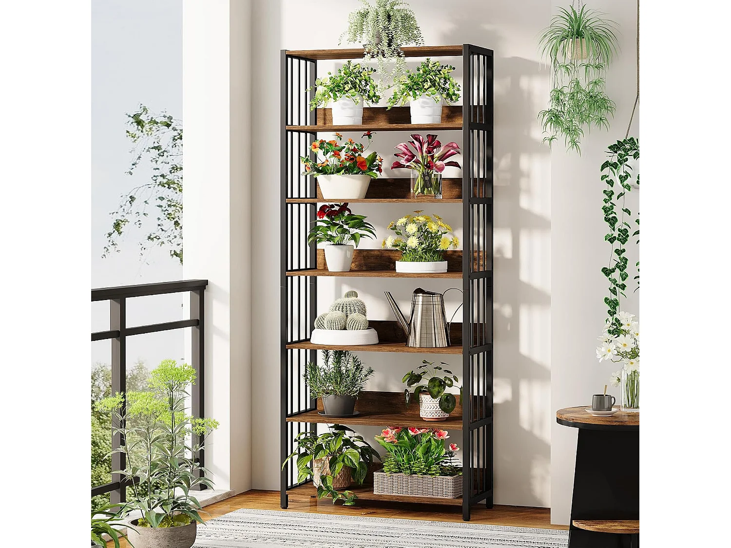 Bokhylla med 6 våningar, öppen hylla och metallram, 80 × 30 × 190 cm, högtstående hyllplan