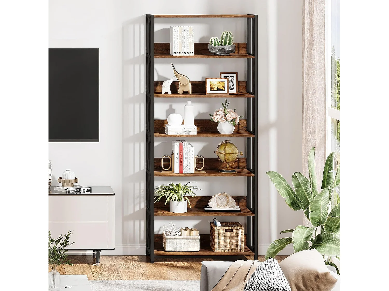 Bokhylla med 6 våningar, öppen hylla och metallram, 80 × 30 × 190 cm, högtstående hyllplan