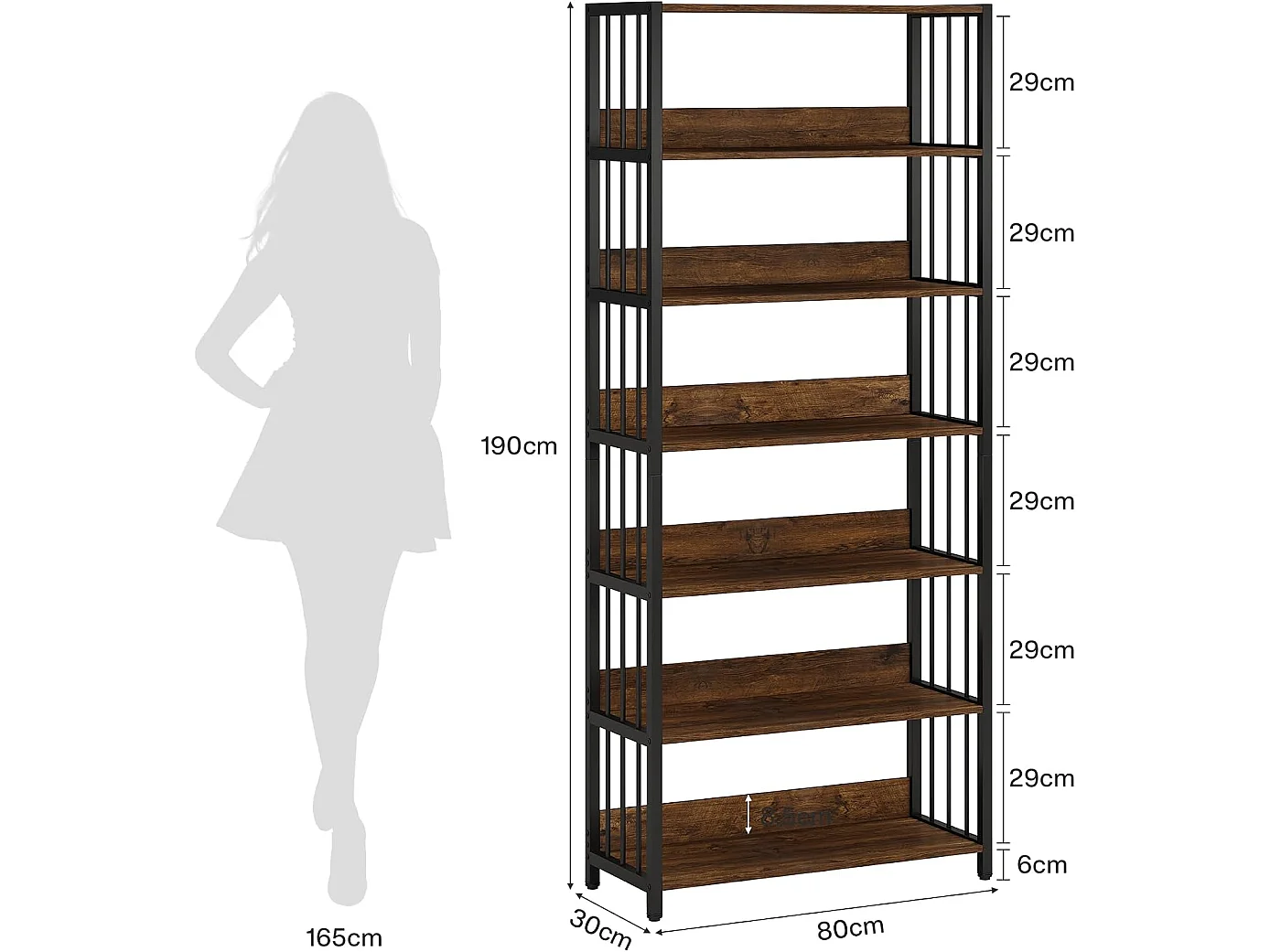 Bokhylla med 6 våningar, öppen hylla och metallram, 80 × 30 × 190 cm, högtstående hyllplan