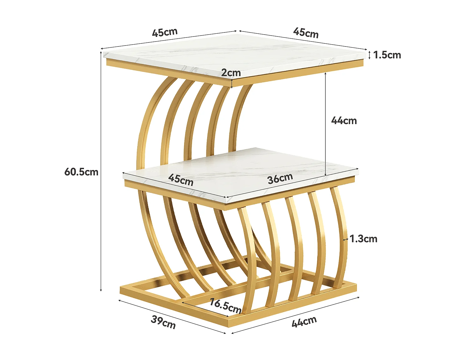 Mesa auxiliar moderna y glamurosa de dos niveles en color dorado con estante de almacenamiento, mesa lateral de mármol sintético, MDF