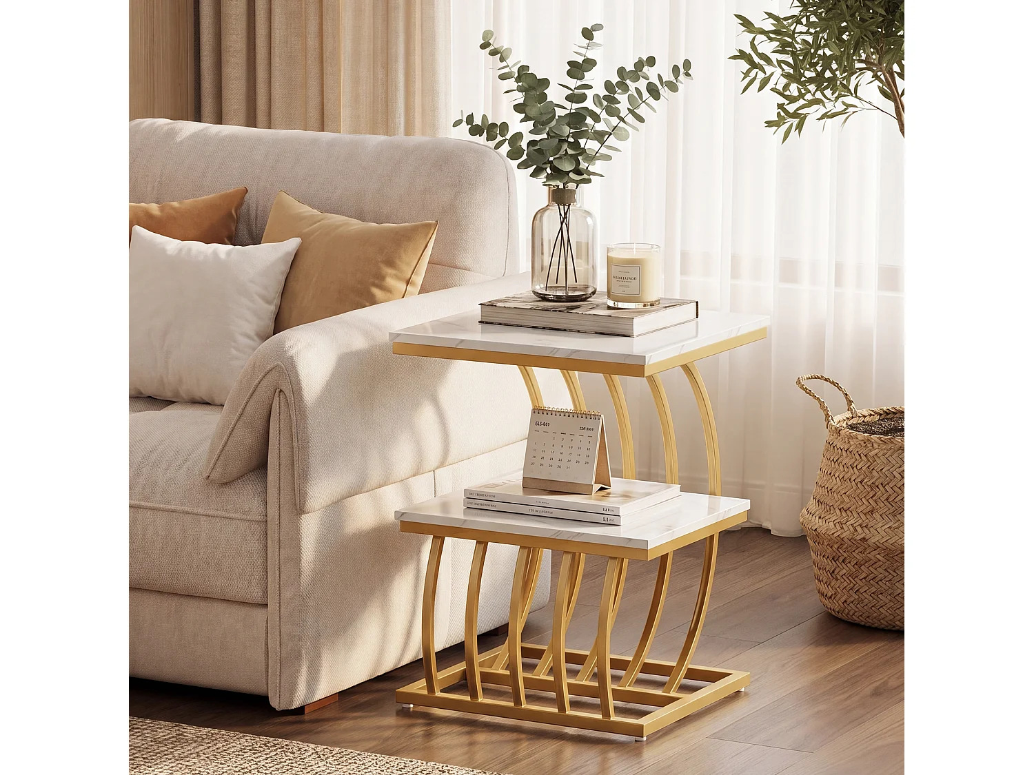 Mesa auxiliar moderna y glamurosa de dos niveles en color dorado con estante de almacenamiento, mesa lateral de mármol sintético, MDF