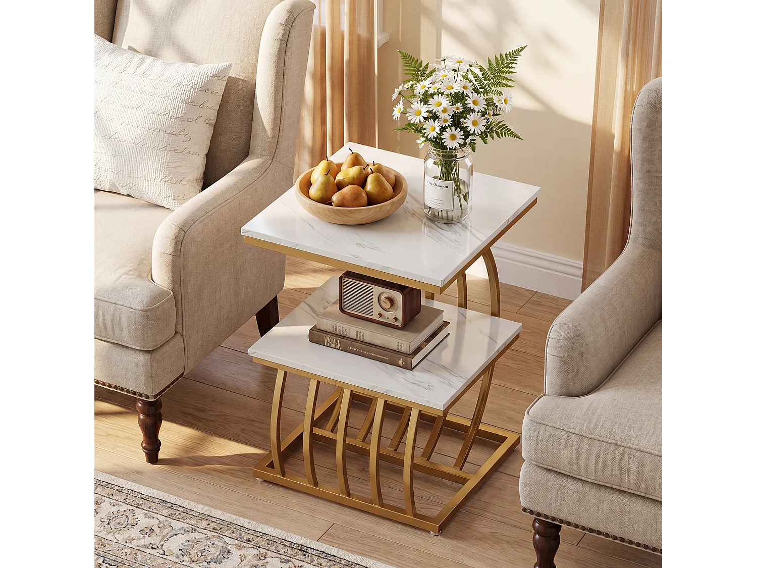Mesa auxiliar moderna y glamurosa de dos niveles en color dorado con estante de almacenamiento, mesa lateral de mármol sintético, MDF