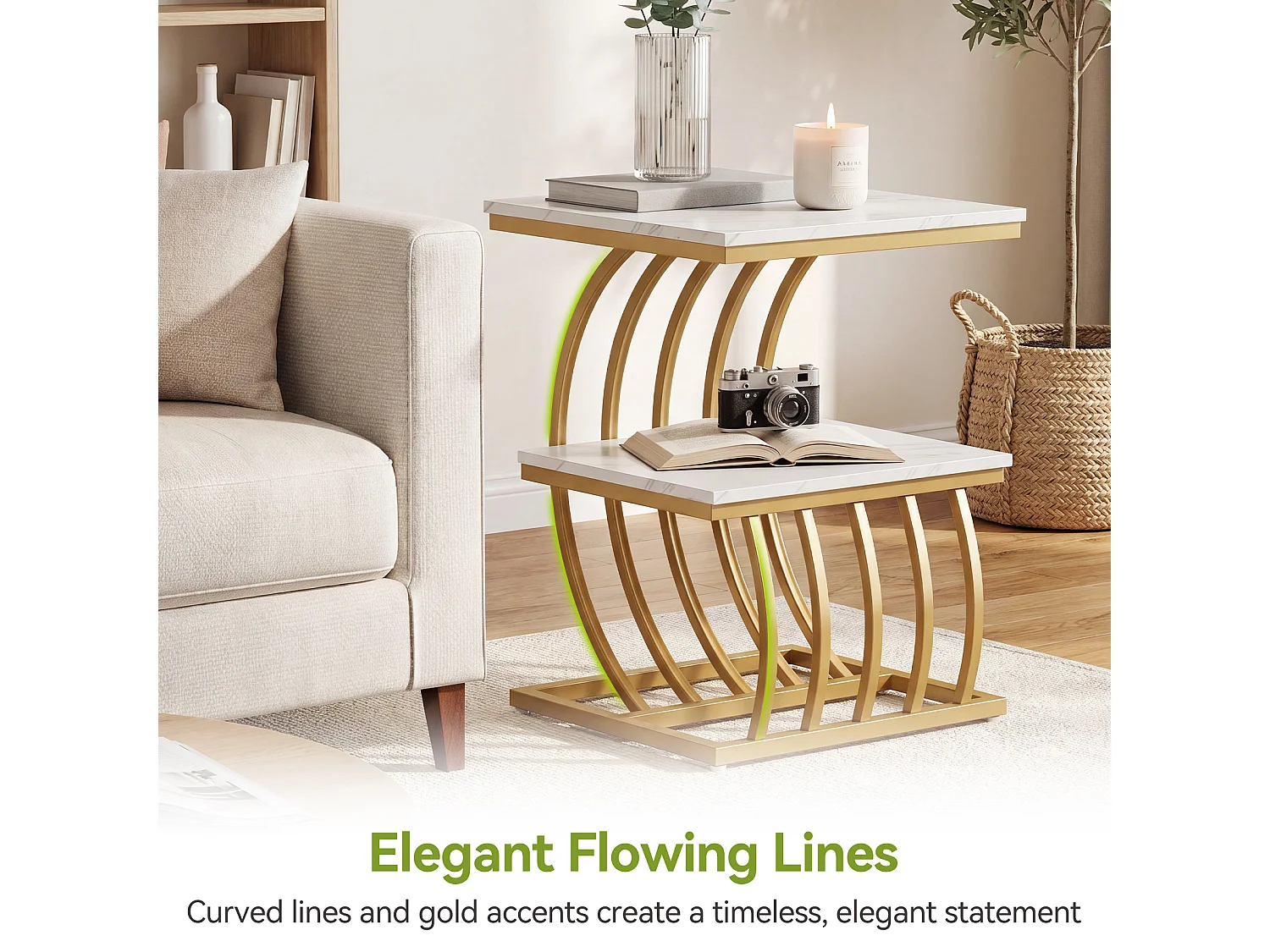 Mesa auxiliar moderna y glamurosa de dos niveles en color dorado con estante de almacenamiento, mesa lateral de mármol sintético, MDF