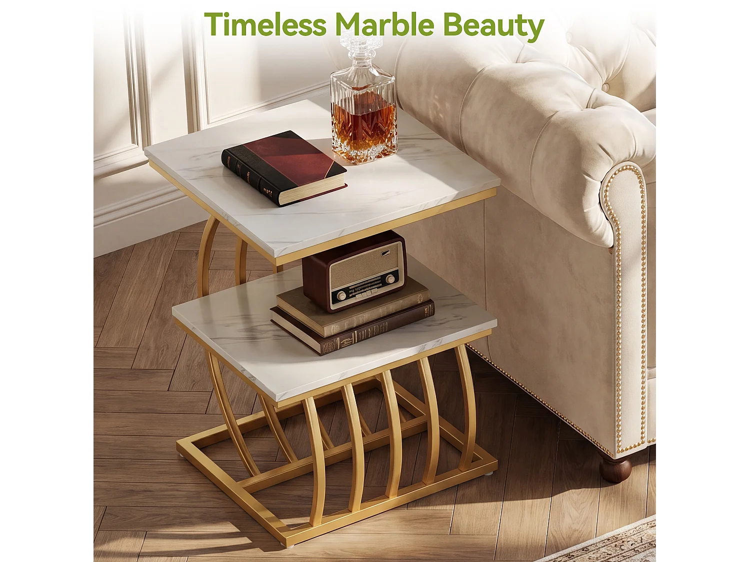 Mesa auxiliar moderna y glamurosa de dos niveles en color dorado con estante de almacenamiento, mesa lateral de mármol sintético, MDF