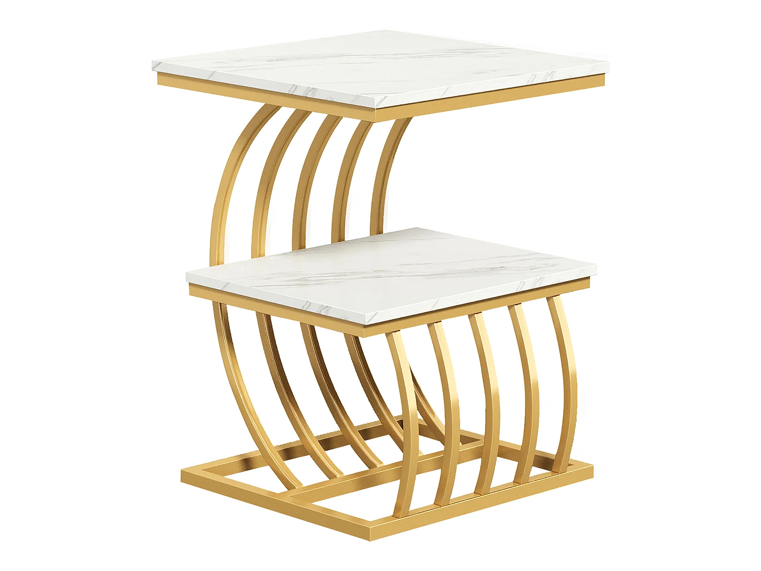 Mesa auxiliar moderna y glamurosa de dos niveles en color dorado con estante de almacenamiento, mesa lateral de mármol sintético, MDF