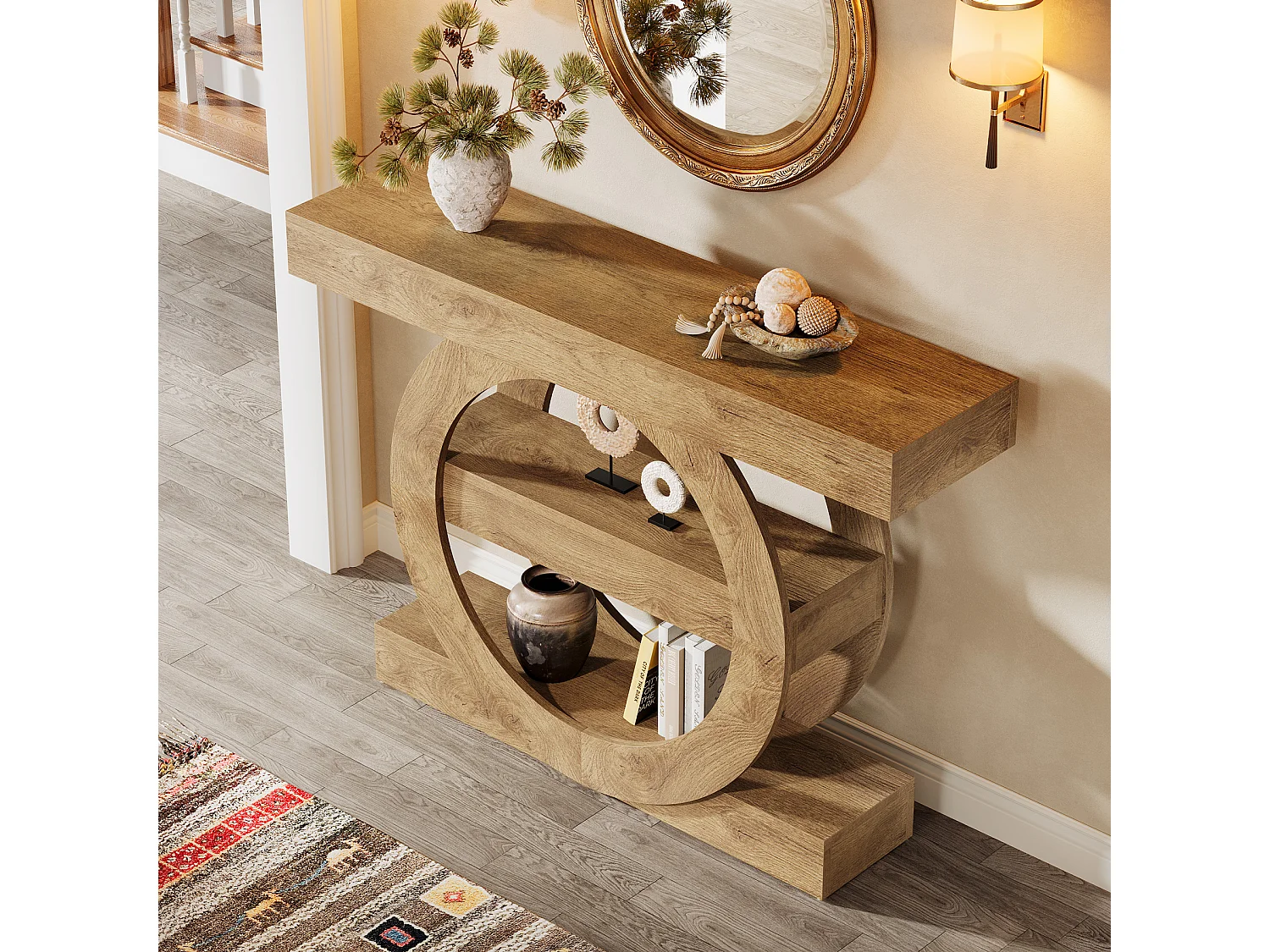 105 cm breite Farmhouse-Konsole, rustikaler schmaler 3-stöckiger Eingangstisch mit Ablagefächern, Sofatisch hinter dem Sofa