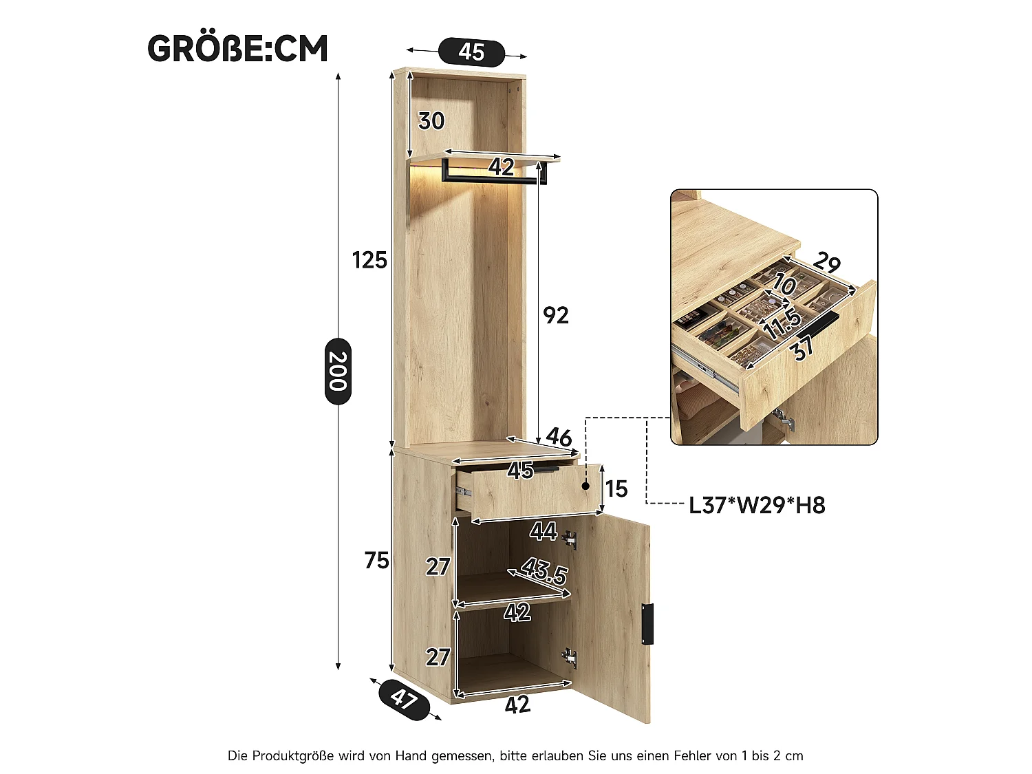 Kleiderschrank mit Spiegel, 7 Türen, 3 Kleiderstangen, 5 Schubladen und LED-Beleuchtung – MDF – 155 x 47 x 200 cm – Eiche und Anthrazit