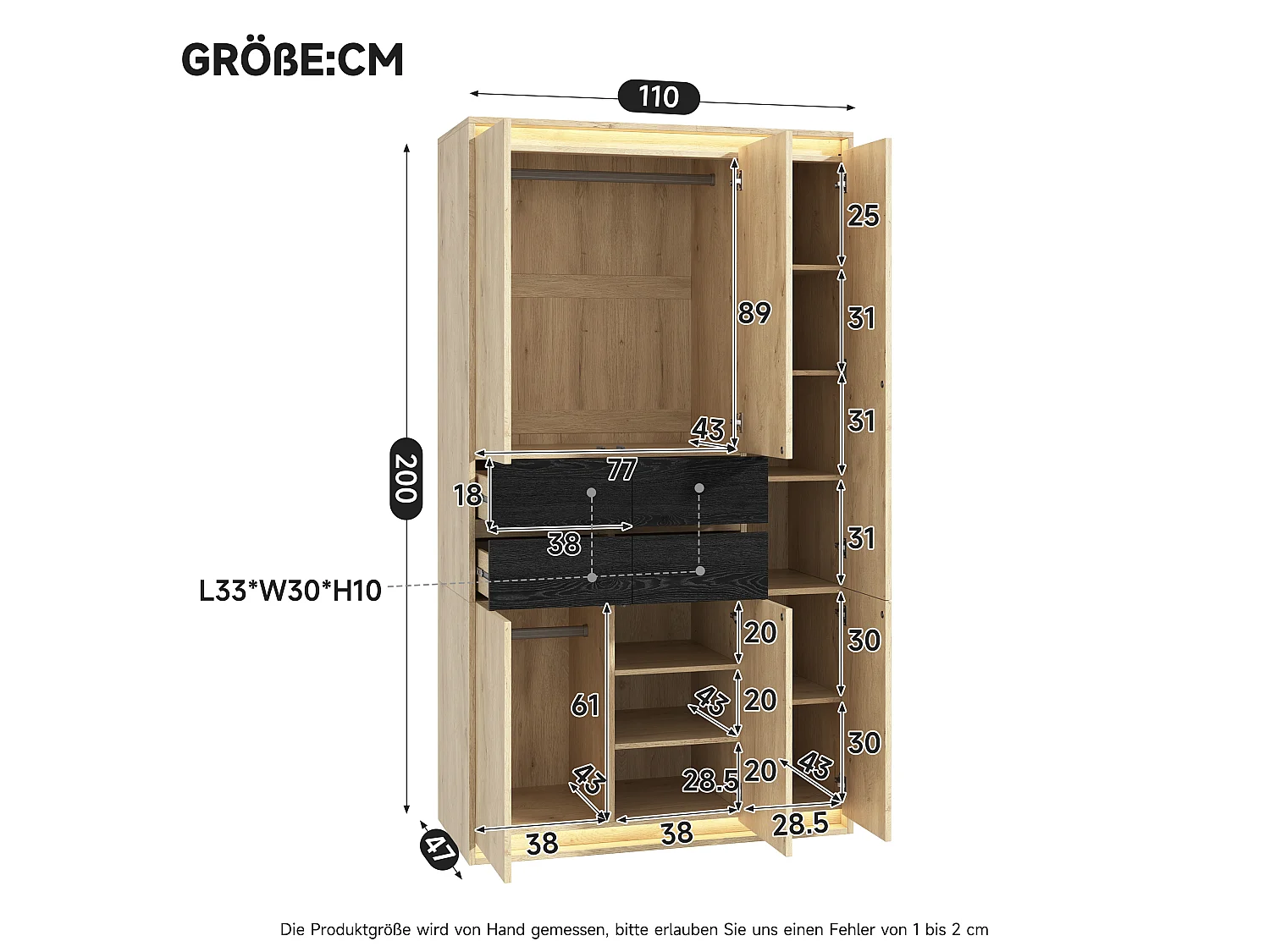 Kleiderschrank mit Spiegel, 7 Türen, 3 Kleiderstangen, 5 Schubladen und LED-Beleuchtung – MDF – 155 x 47 x 200 cm – Eiche und Anthrazit