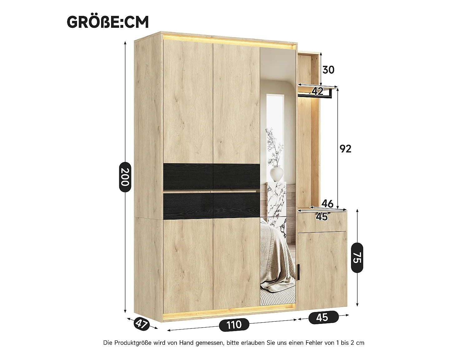 Kleiderschrank mit Spiegel, 7 Türen, 3 Kleiderstangen, 5 Schubladen und LED-Beleuchtung – MDF – 155 x 47 x 200 cm – Eiche und Anthrazit